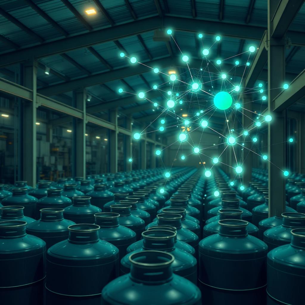 AI neural network visualization over a gas cylinder warehouse representing predictive analytics