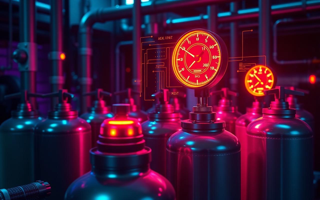 Glowing predictive-analytics gauges overlaid on industrial gas cylinders