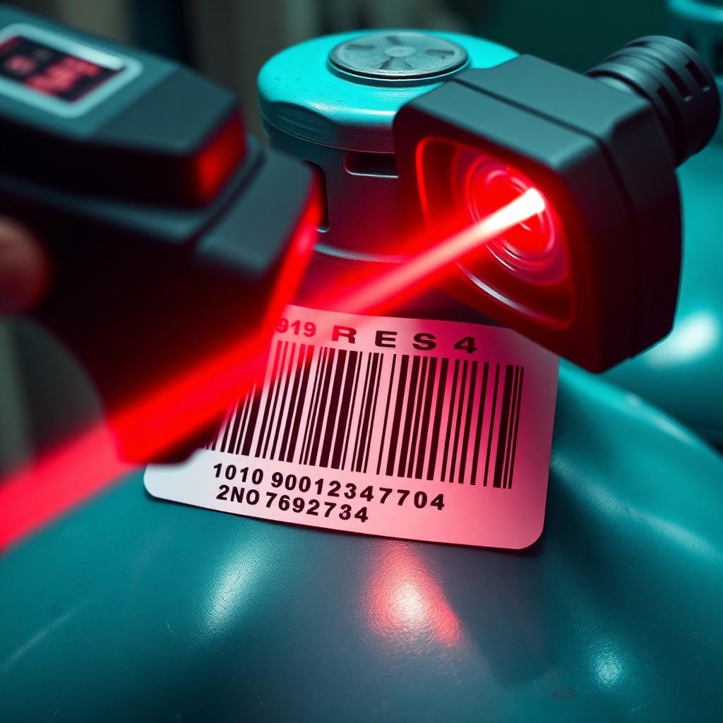 Red-laser barcode scanner reading a 1D barcode label on a gas cylinder