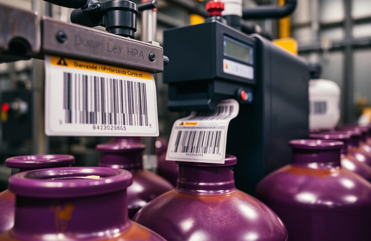 Durable barcode labels being printed and applied to gas cylinders