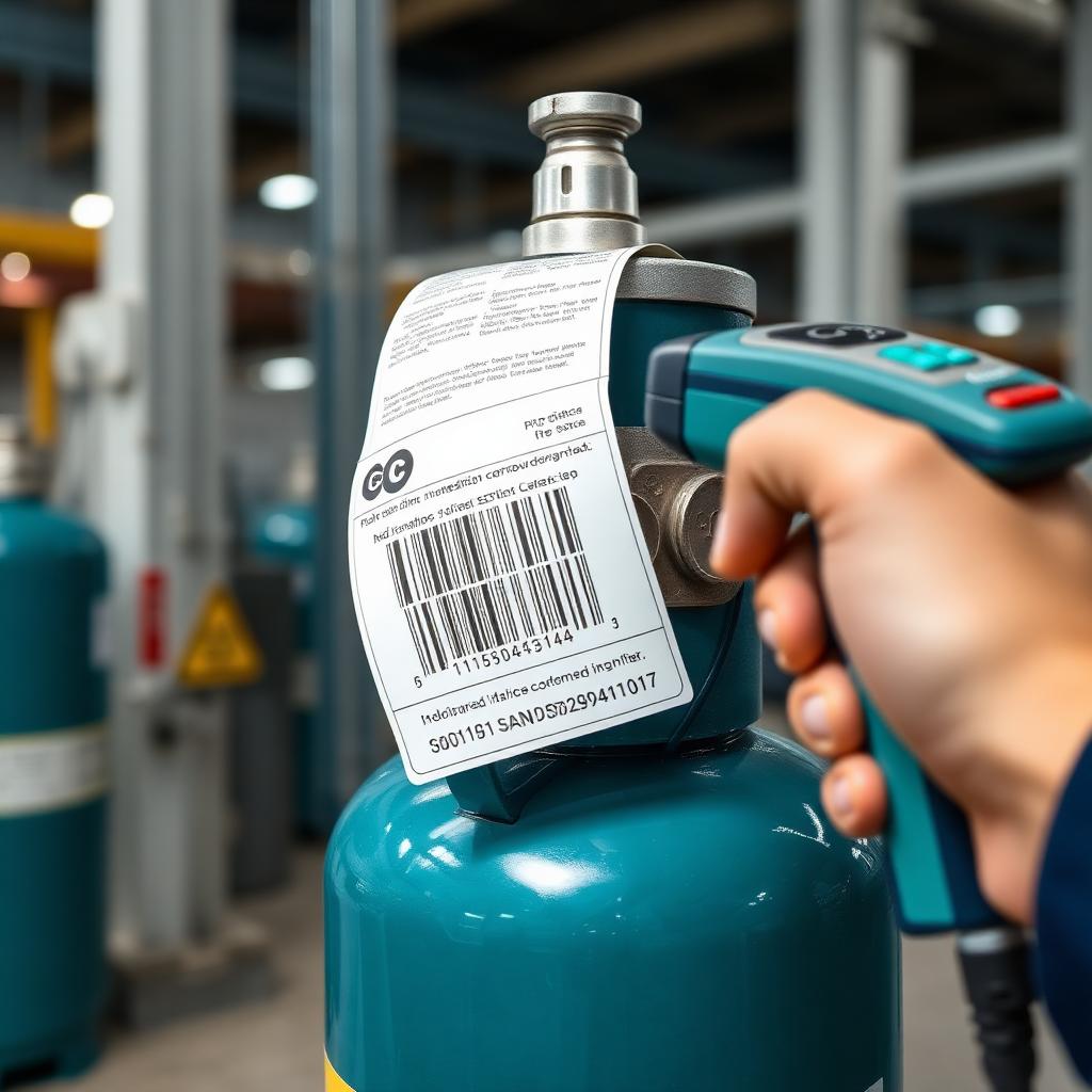 Barcode label being scanned on an industrial gas cylinder with a handheld scanner