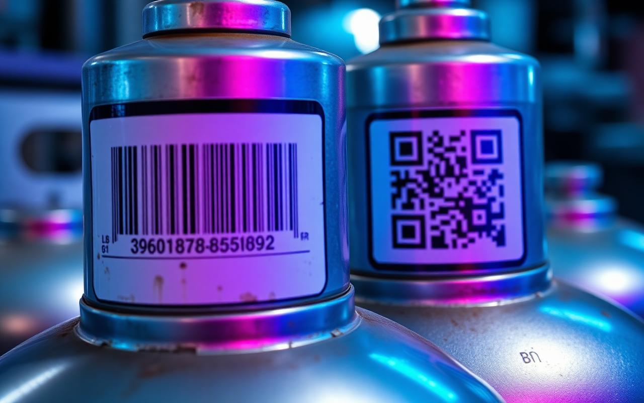 Close-up of a barcode label and a QR code label side by side on two gas cylinders