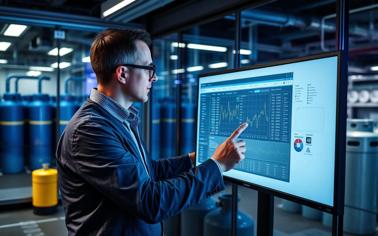 Procurement manager comparing gas cylinder tracking software on a large control-room monitor
