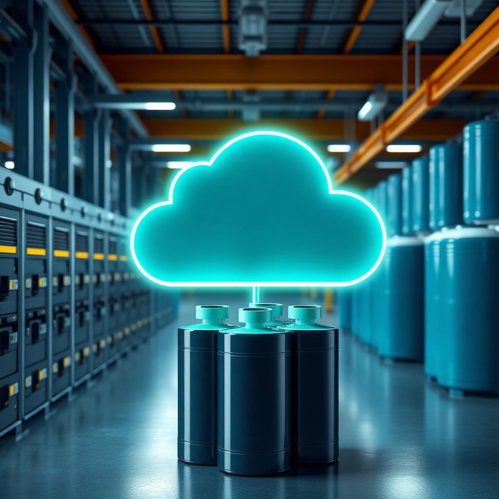 Cloud computing concept linking data servers to industrial gas cylinders
