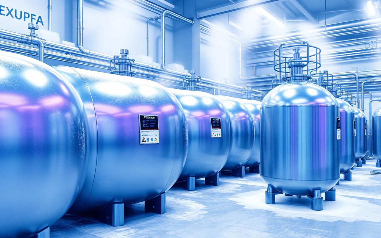 Rows of silver cryogenic dewar tanks in an industrial facility
