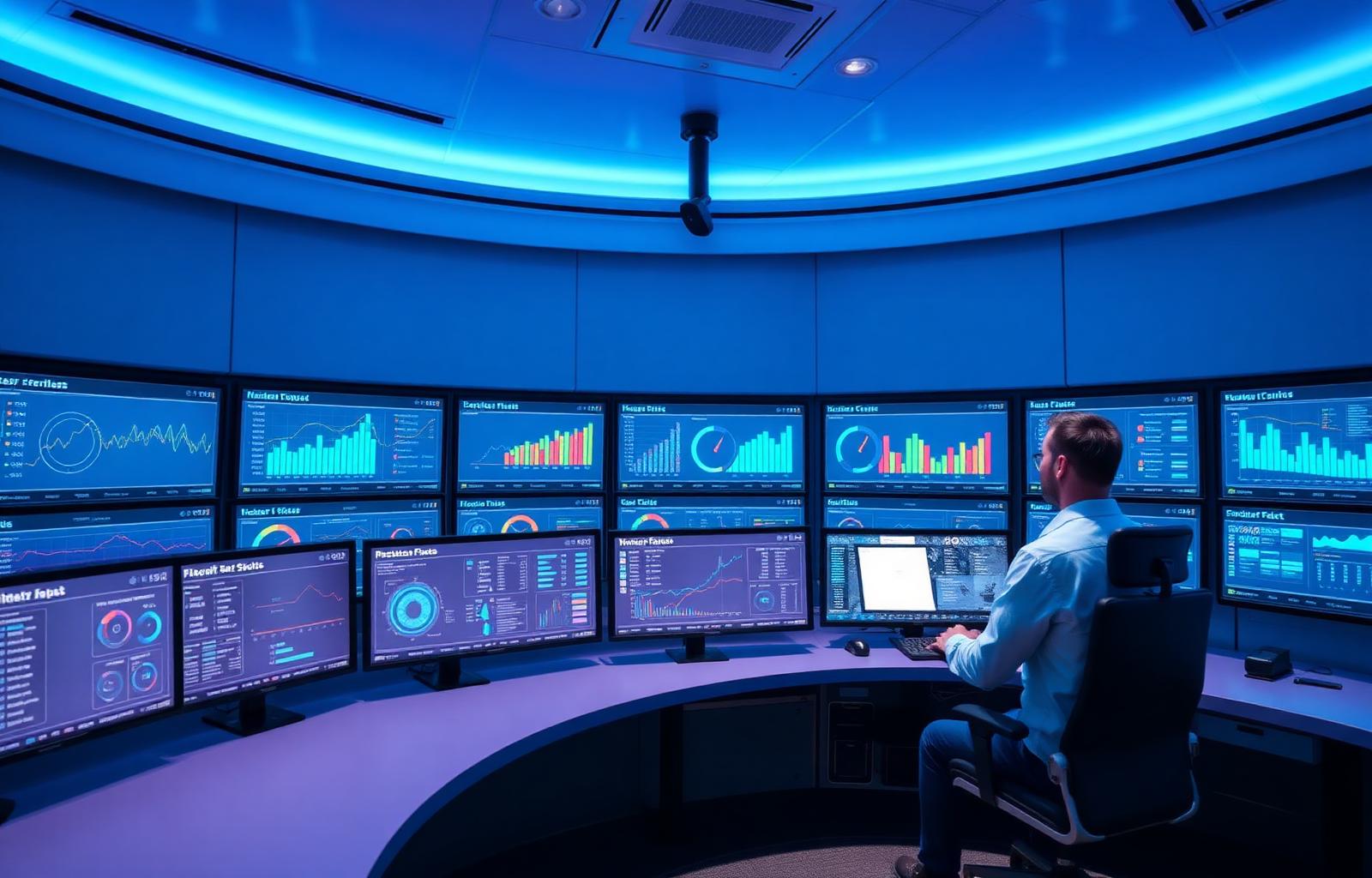 Operations control room with wall screens showing cylinder fleet KPI and utilisation dashboards
