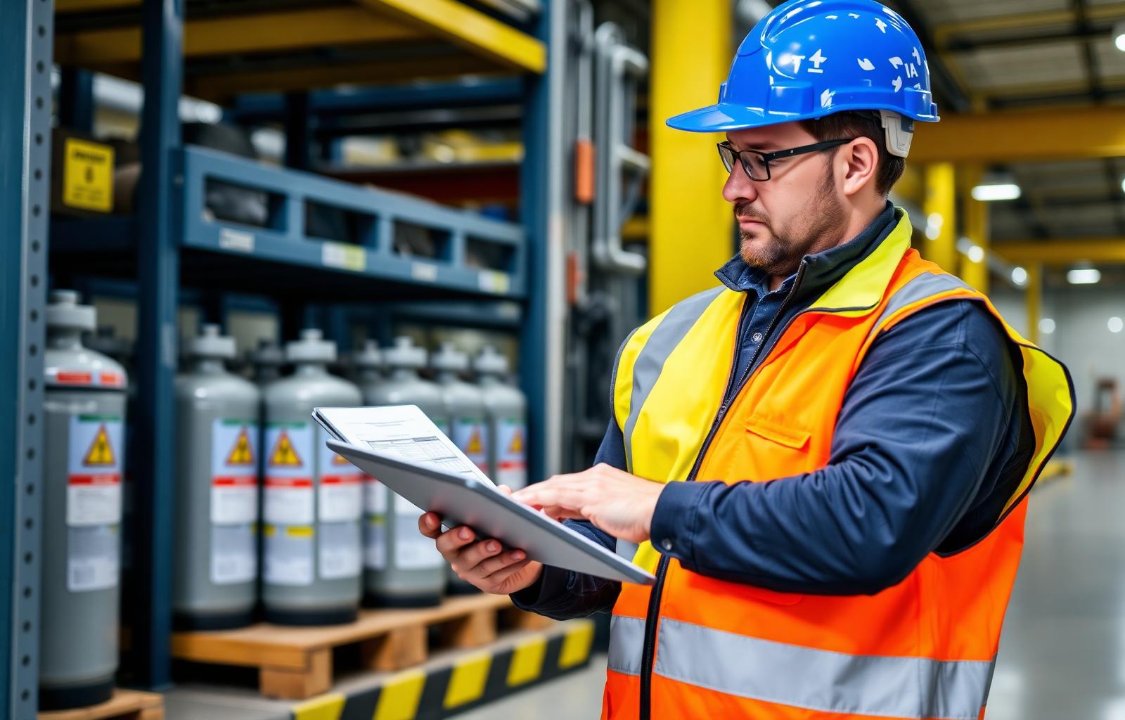 Safety auditor with tablet inspecting racked gas cylinders carrying hazard placards