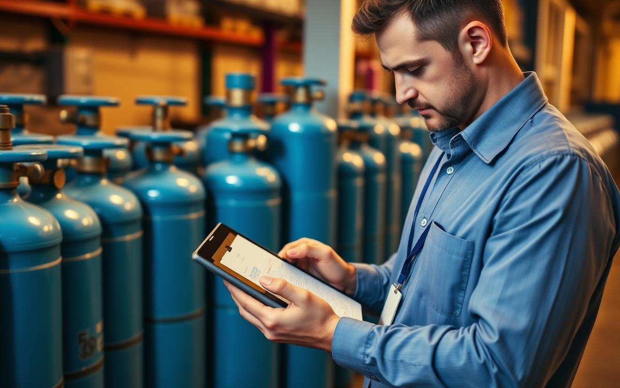 Accountant reviewing a cylinder deposit ledger on a tablet beside blue gas cylinders