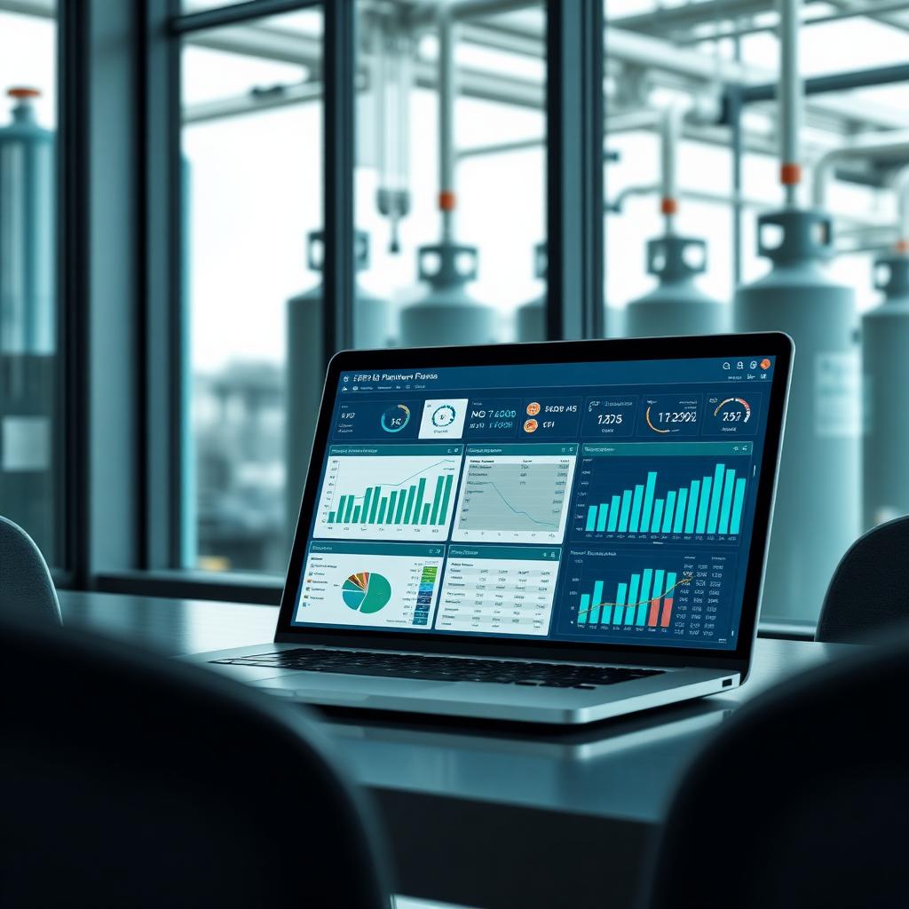 Gas business ERP dashboard on a laptop with financial and inventory analytics in a plant office