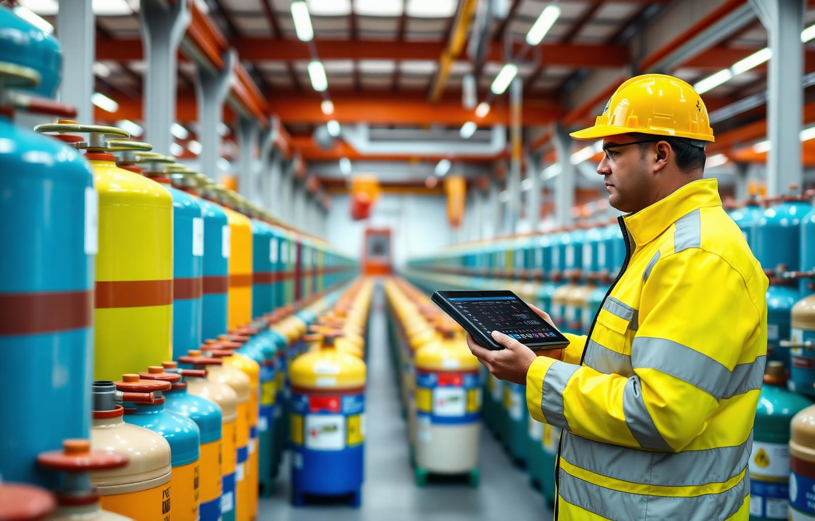 Supervisor checking live gas cylinder inventory counts on a tablet inside a filling plant store