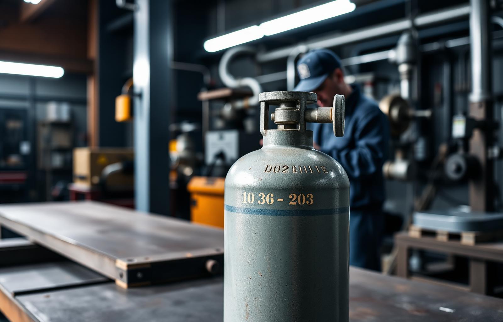 Gas cylinder on a workshop bench showing stamped test date rings with a valve technician working behind