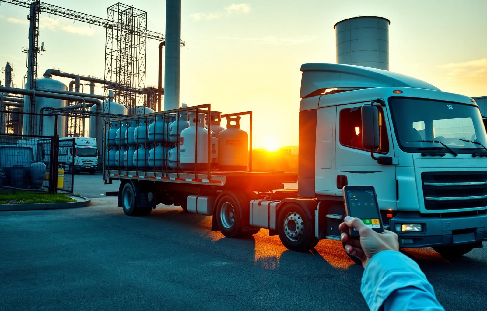 Delivery truck loaded with secured gas cylinders leaving a plant while a driver scans a cylinder