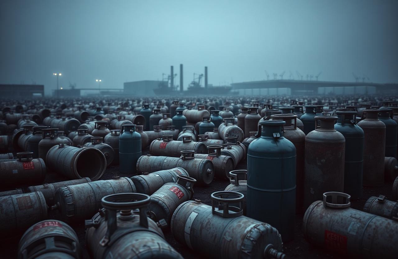 A large yard of scattered industrial gas cylinders, some untracked