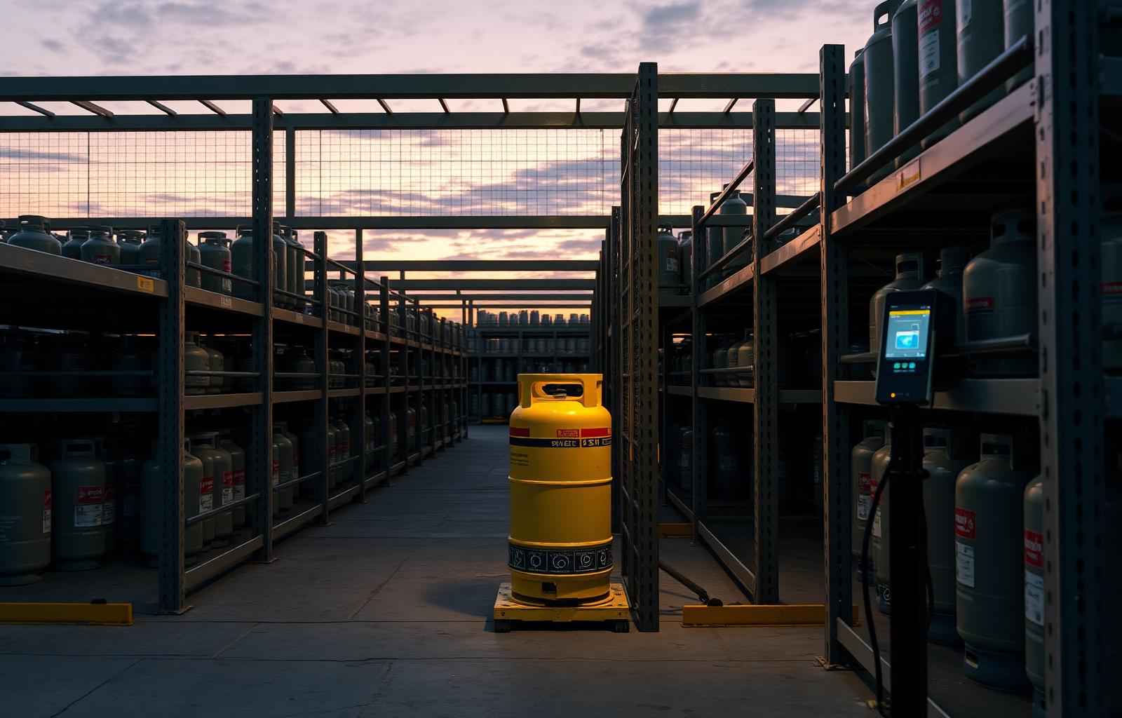 Cylinder storage racks at dusk with an RFID gate reader scanning an outgoing cylinder