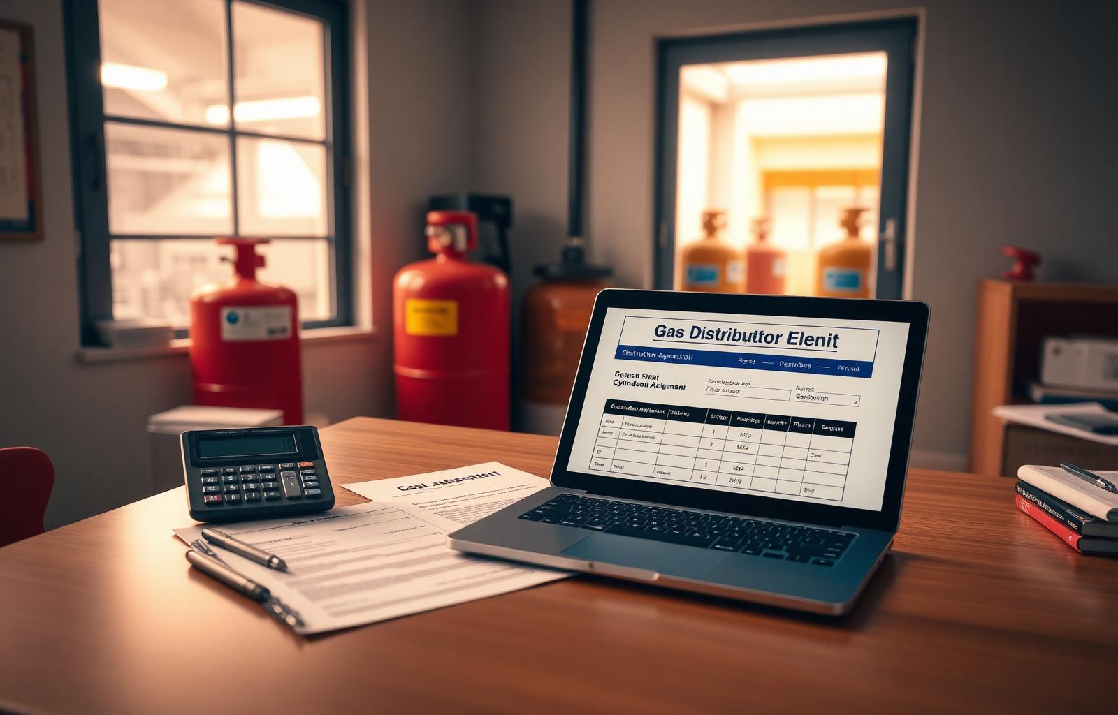 Gas distributor desk with cylinder rental agreement, deposit ledger on a laptop and cylinders in the background