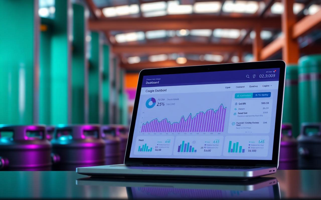 Laptop showing a cost-savings dashboard in front of industrial gas cylinders
