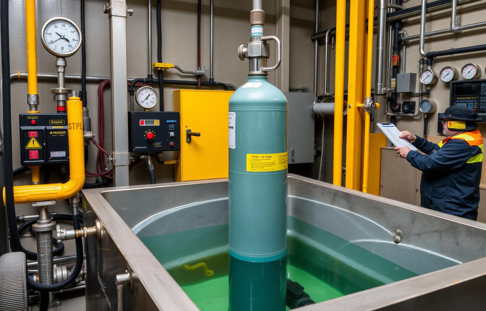 Hydrostatic test bay with a gas cylinder in a water jacket test tank and pressure gauges