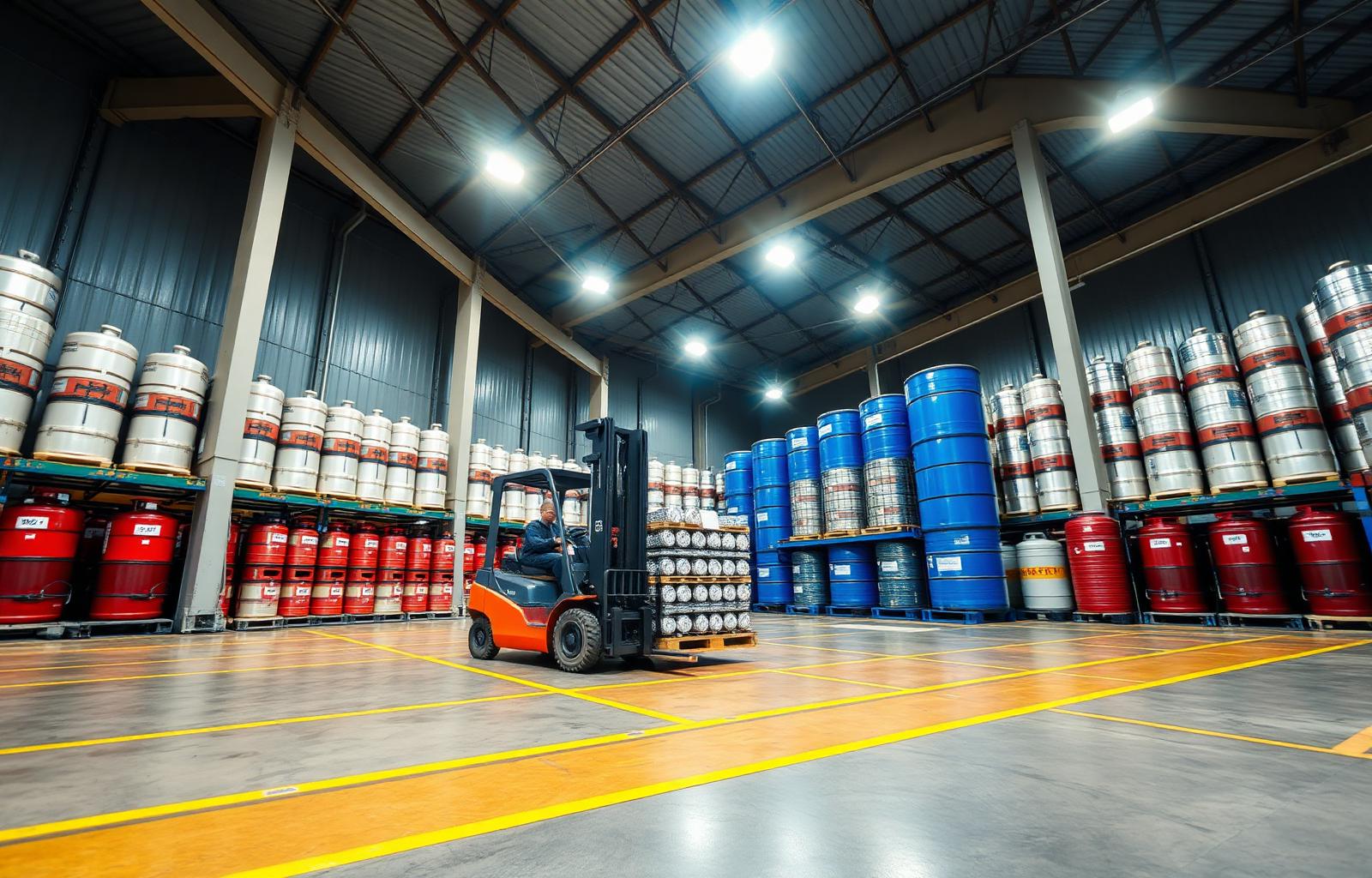 Large gas cylinder warehouse with organised racks, floor markings and a forklift moving a cylinder pallet
