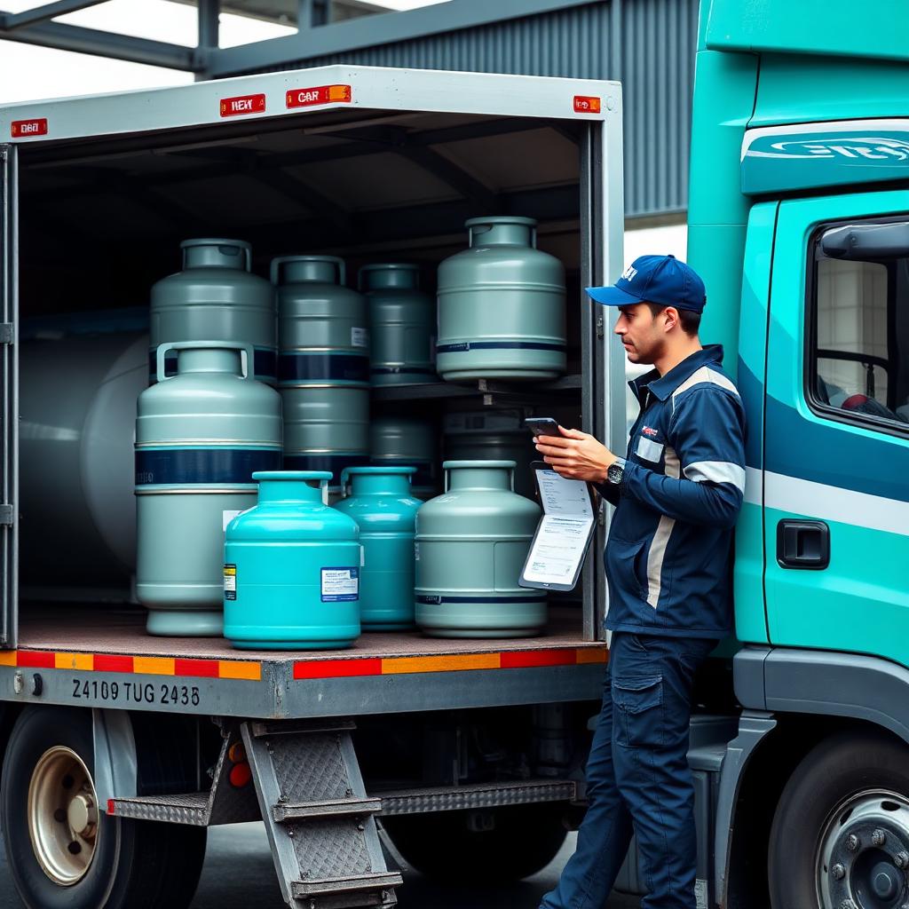 Driver scanning gas cylinders being loaded onto a delivery truck with a digital delivery challan