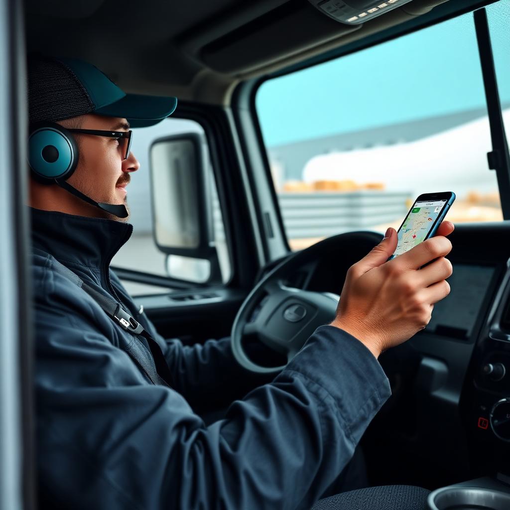 Delivery driver using the GCT mobile app on a smartphone inside a truck cab