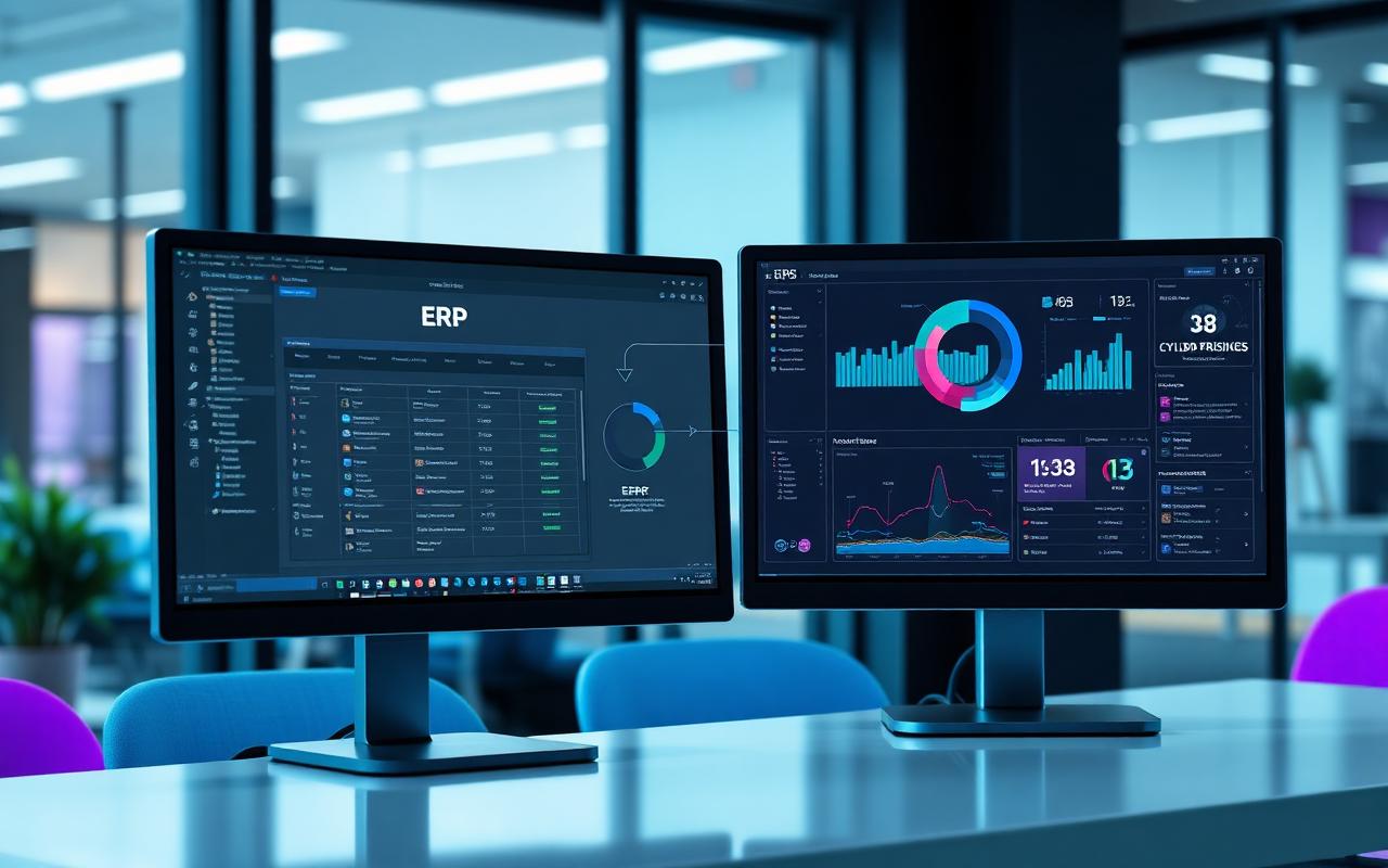 Two monitors showing ERP software and a cylinder tracking dashboard exchanging data