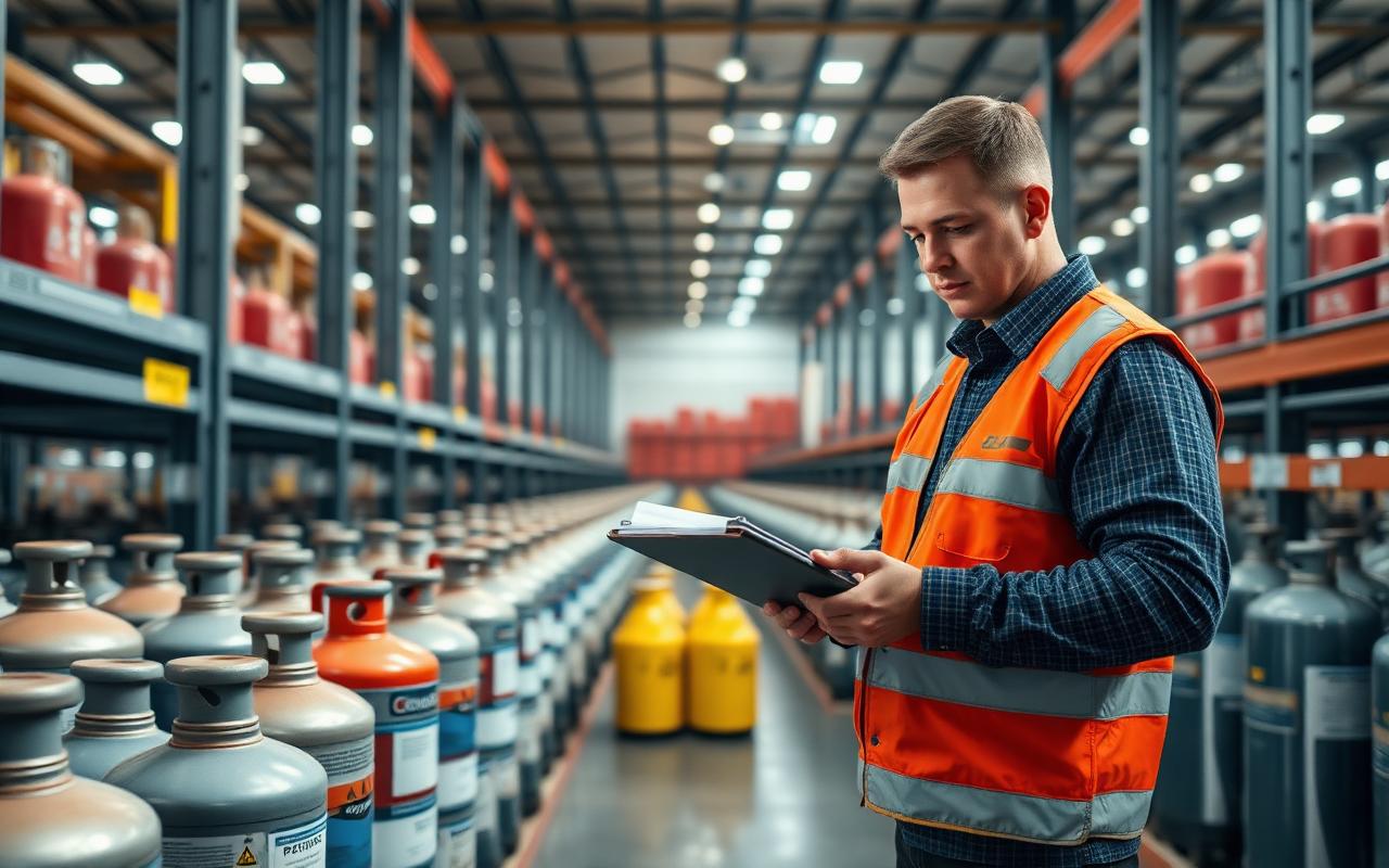 Supervisor auditing rows of industrial gas cylinders with a tablet in a warehouse