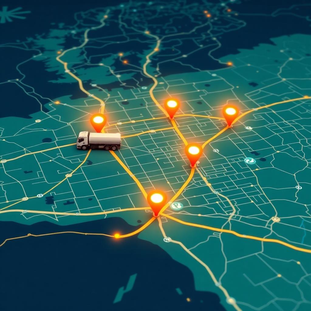 GPS and GIS map showing real-time locations of gas cylinder delivery trucks and routes