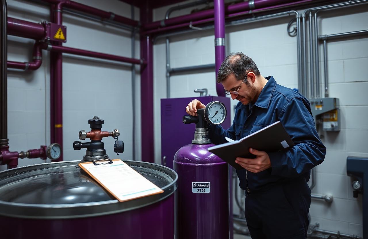 Technician performing hydrostatic pressure testing on a gas cylinder