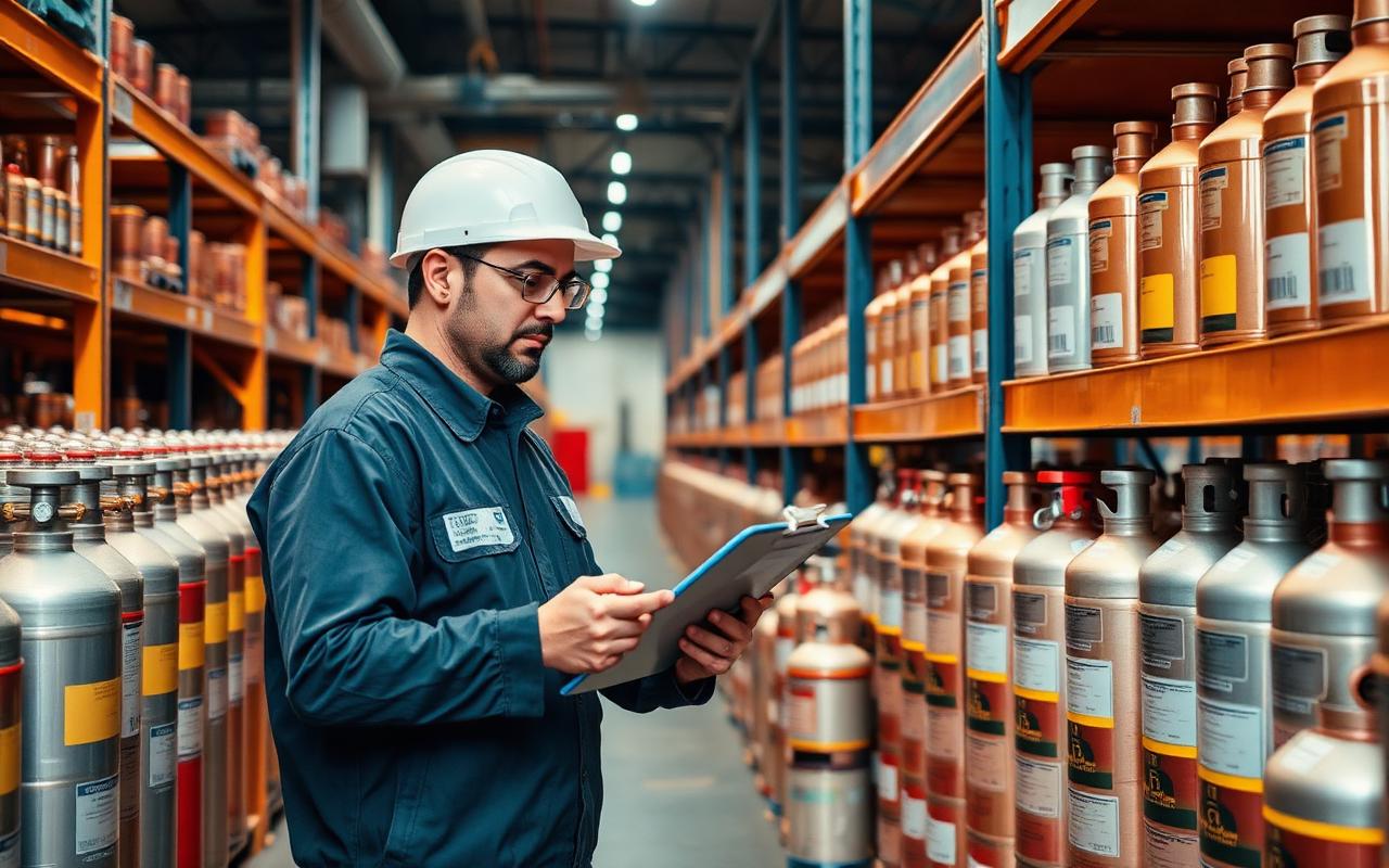 Warehouse supervisor with a tablet reconciling inventory beside organised rows of gas cylinders