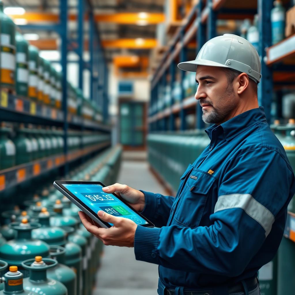 Warehouse worker checking real-time gas cylinder stock on a tablet among organized cylinder rows