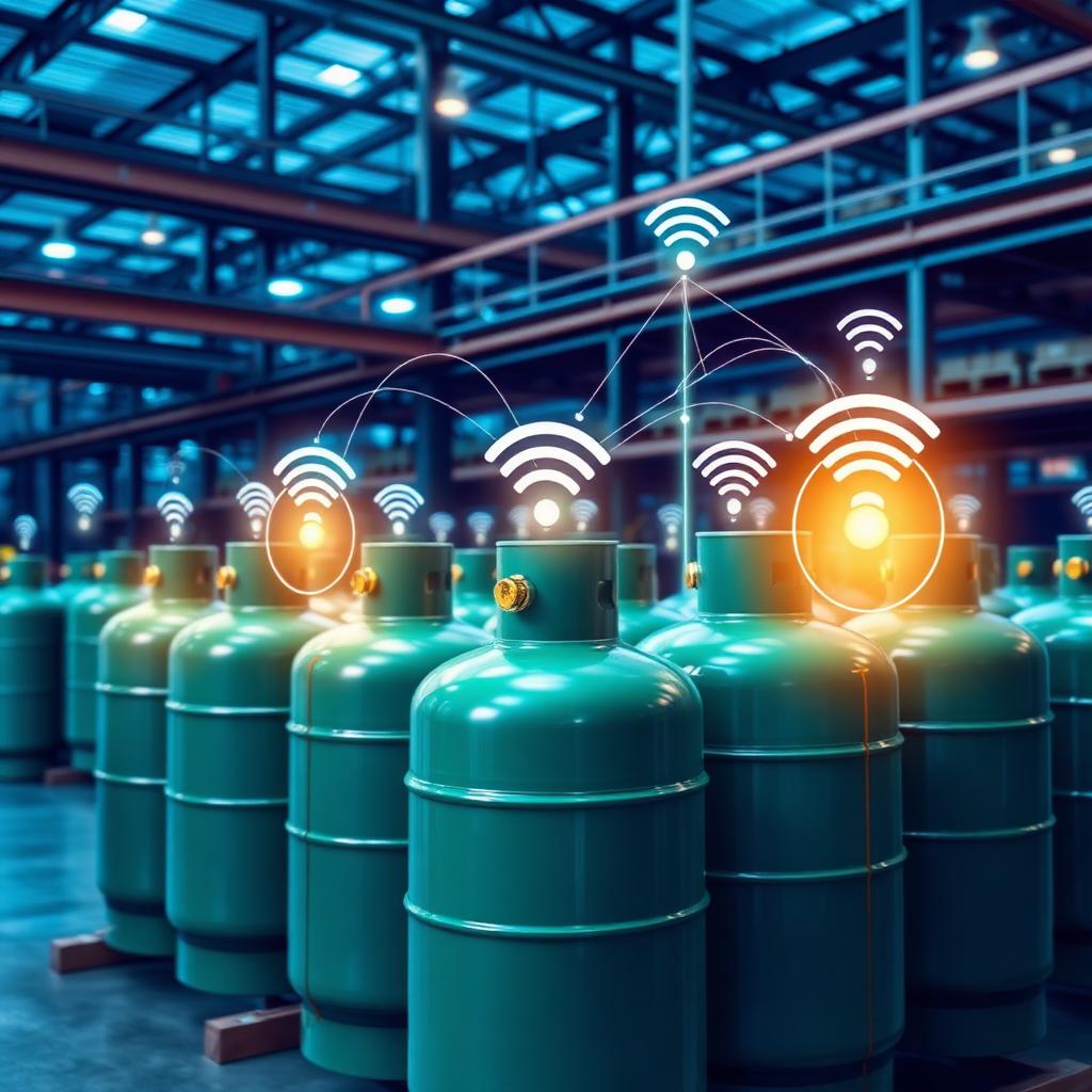 IoT-connected gas cylinders with wireless sensor signals in a smart warehouse