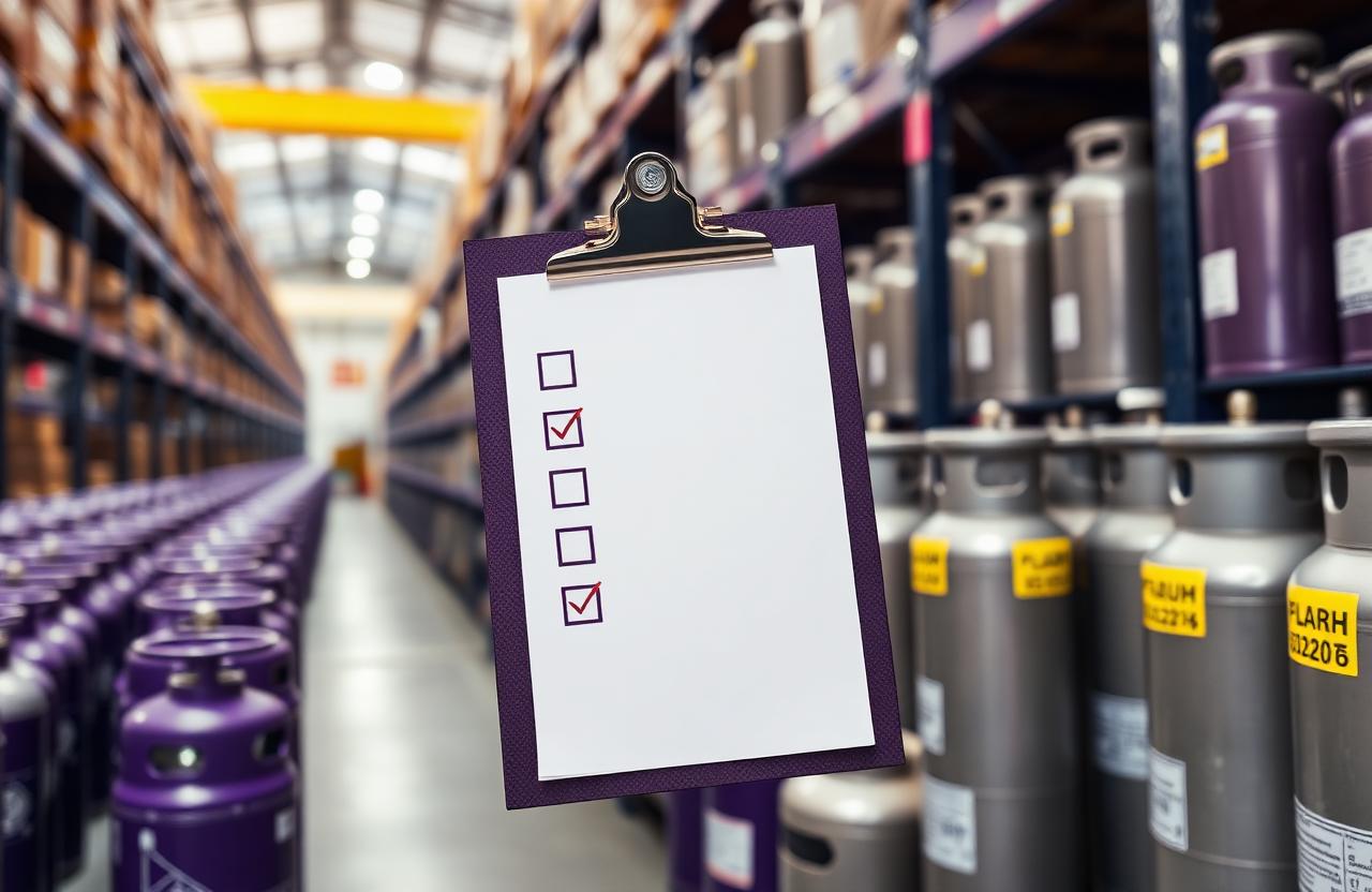 Inventory checklist over organised gas cylinders in a warehouse