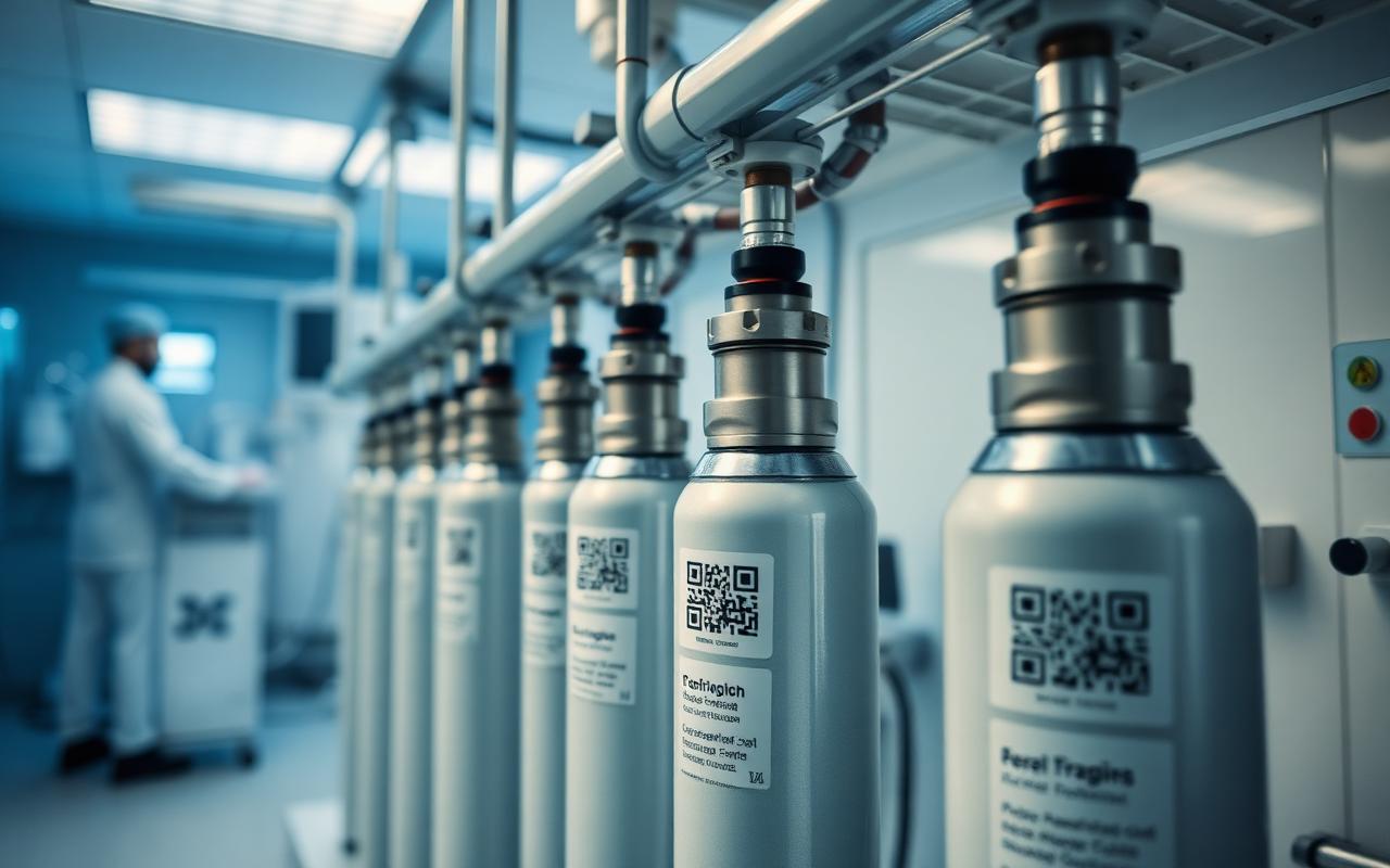 Medical oxygen cylinders with QR tags in a hospital PSA oxygen plant room