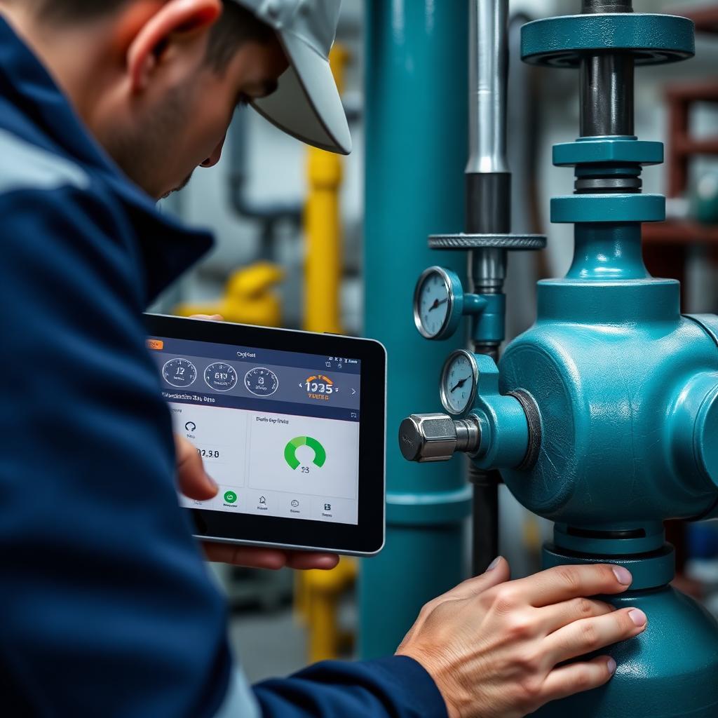 Technician checking a gas cylinder valve with a tablet showing maintenance-due alerts