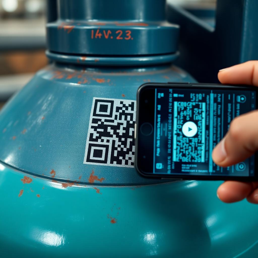 QR code etched on a gas cylinder being scanned by a smartphone showing cylinder data