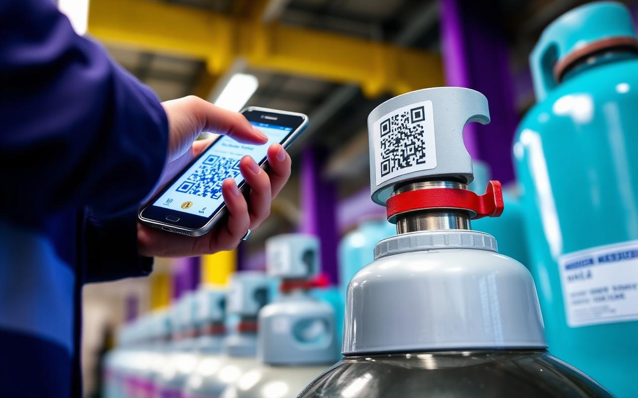 Worker scanning a QR code label on a gas cylinder with a smartphone