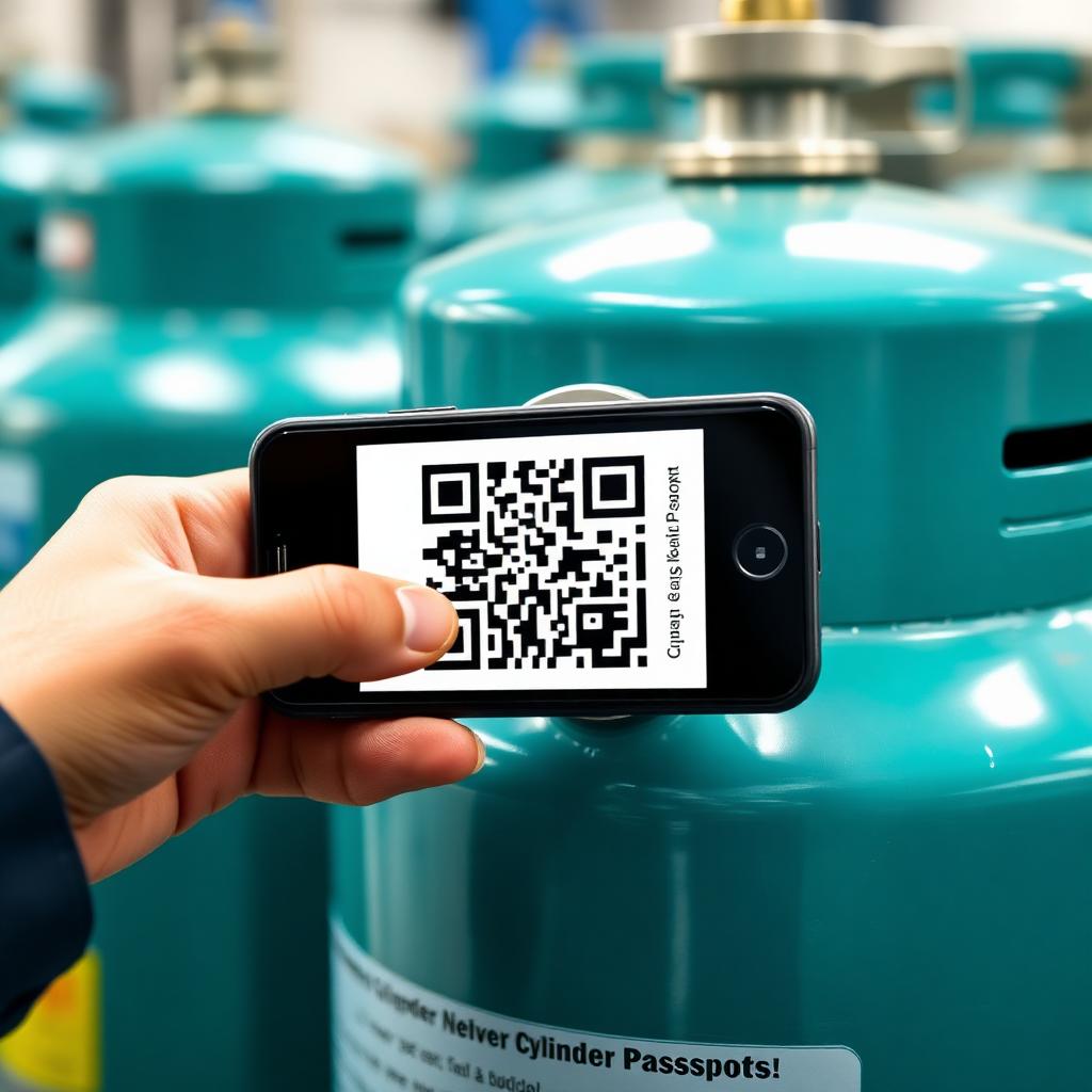 Smartphone scanning a QR code on a gas cylinder to open its digital passport