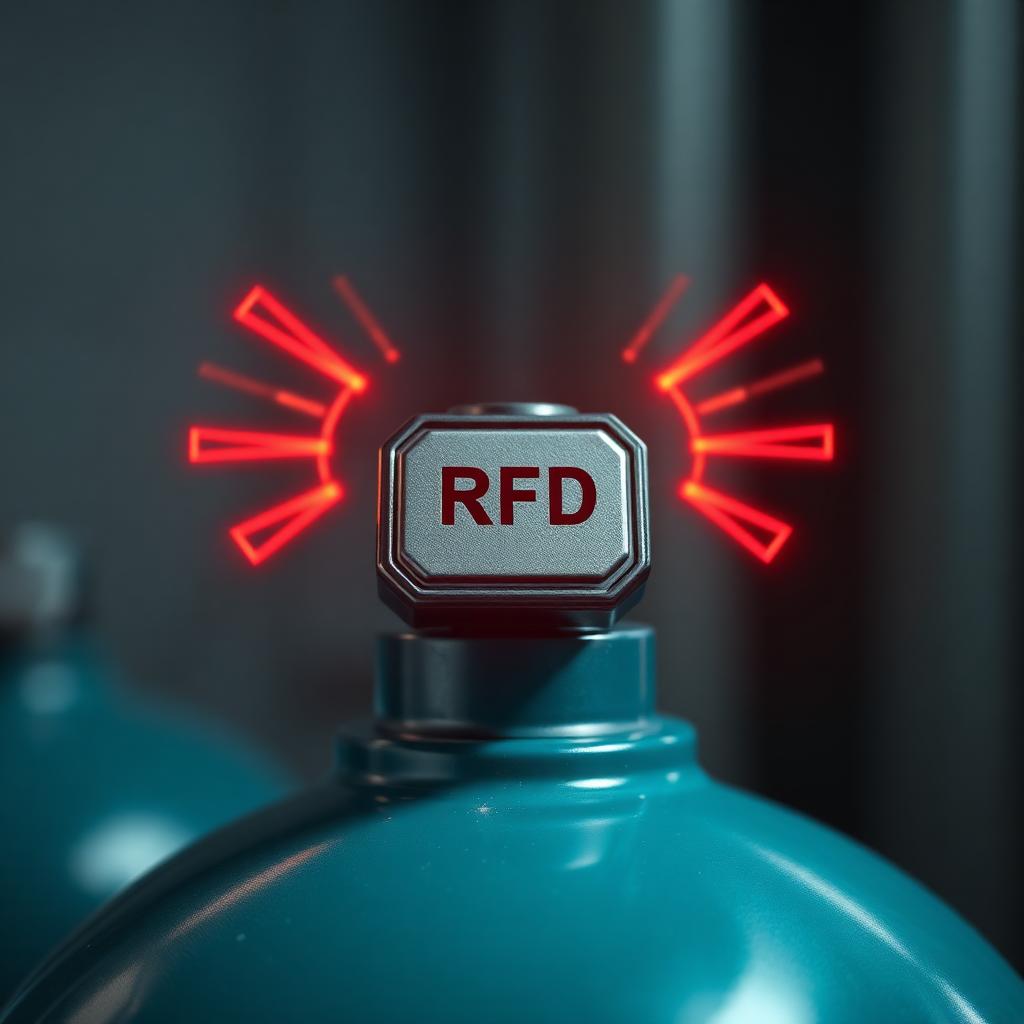 RFID tag mounted on a gas cylinder neck emitting radio-wave signals