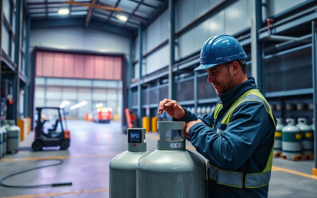 Worker installing an RFID tag on an industrial gas cylinder near a warehouse RFID reader arch