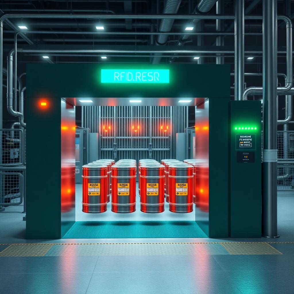 RFID reader gate automatically reading tags on gas cylinders passing through a plant exit