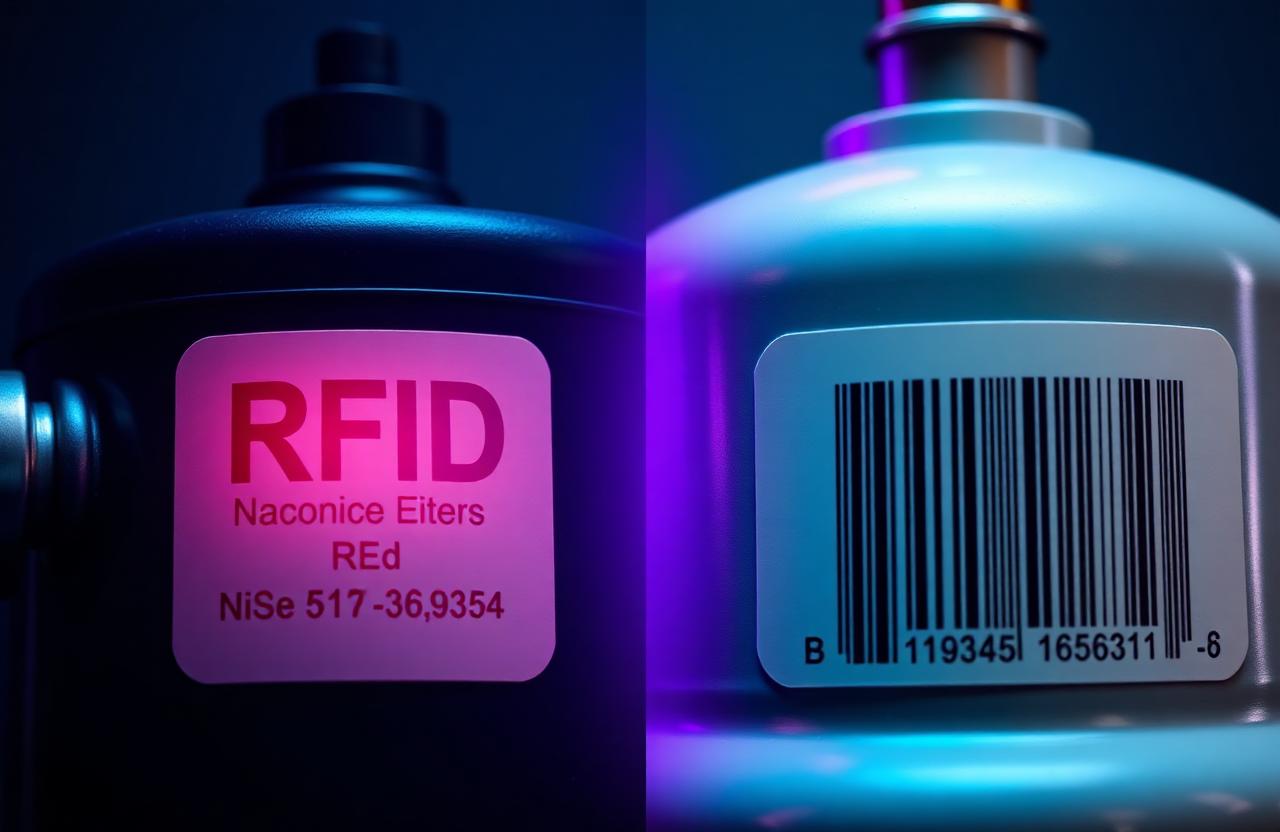 RFID tag and barcode label side by side on two industrial gas cylinders