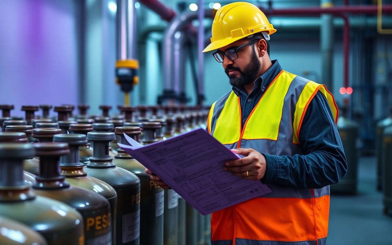 Safety inspector reviewing compliance documents beside industrial gas cylinders
