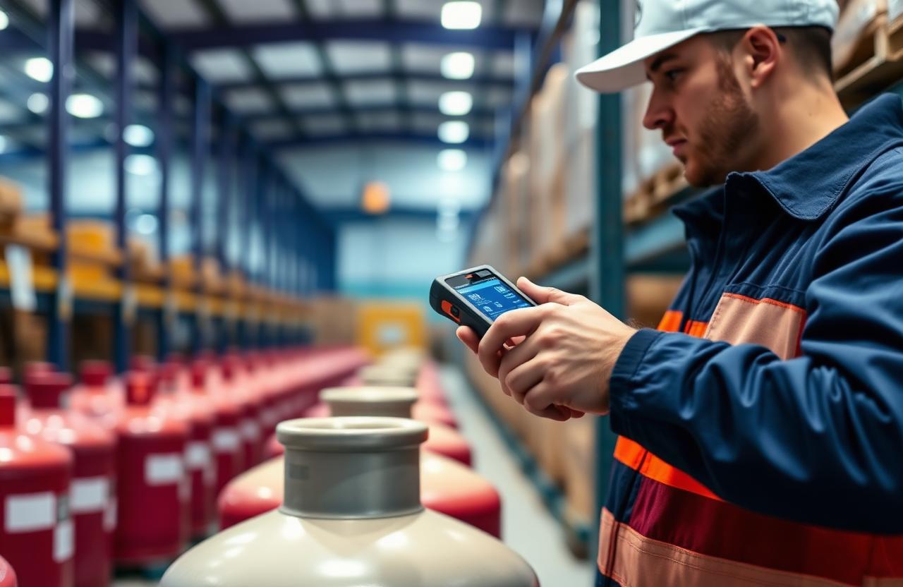 Worker scanning an industrial gas cylinder with a handheld tracking device